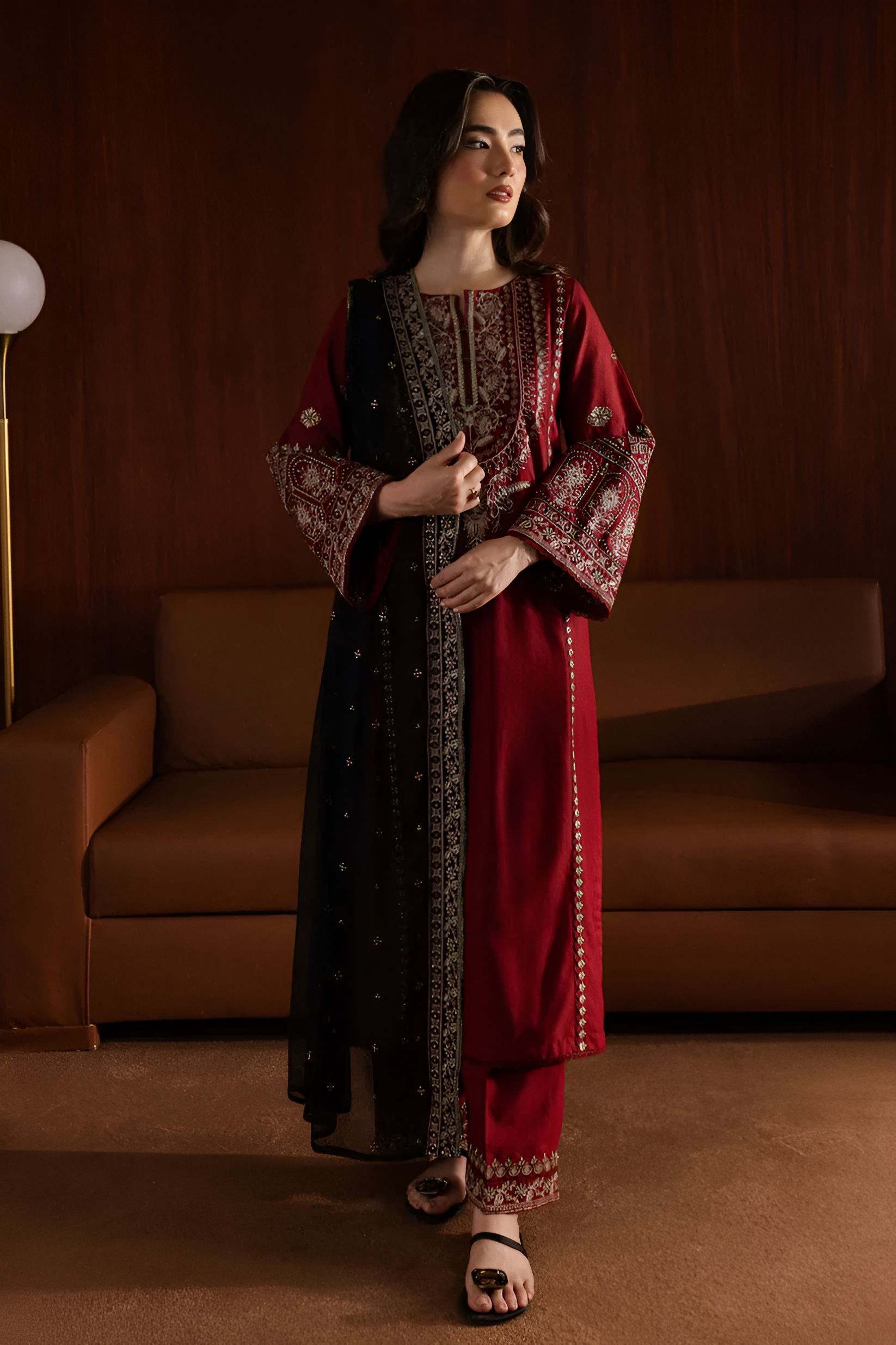 3 Piece - Dhanak Embroidered Suit with Dhank Embroidered Shawl (Unstitched)