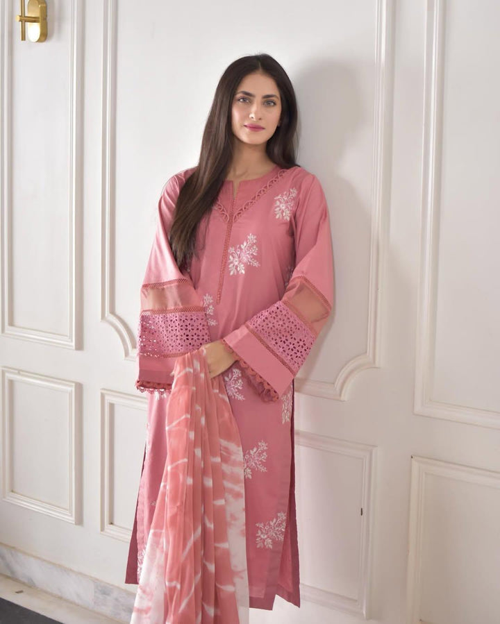 3 Piece - Dhanak Full Heavy Embroidered Suit with Twill Printed Shawl (Unstitched)