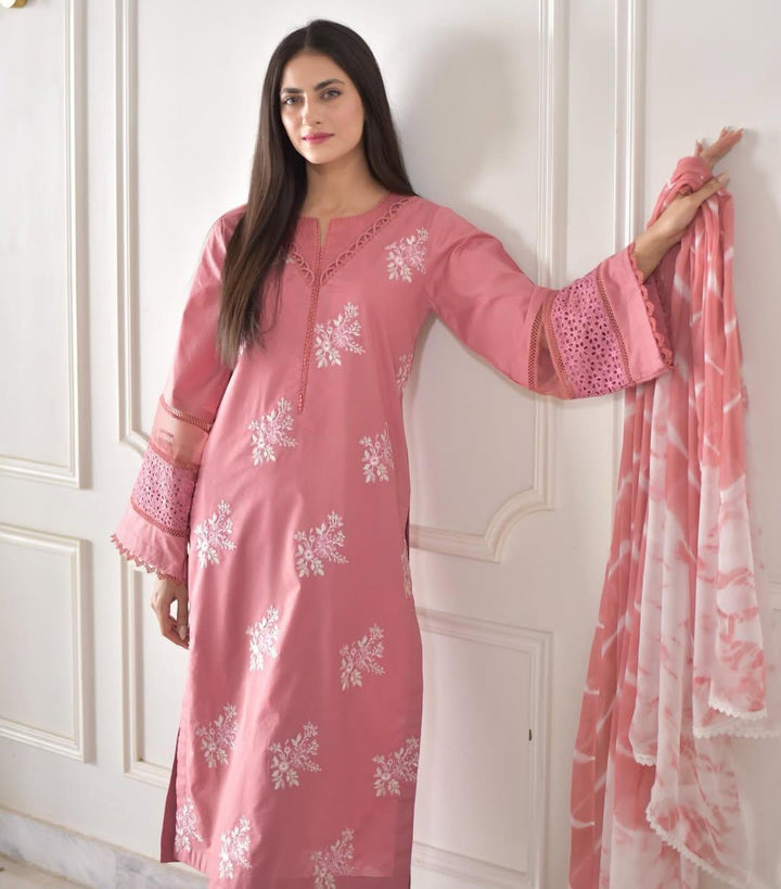 3 Piece - Dhanak Full Heavy Embroidered Suit with Twill Printed Shawl (Unstitched)