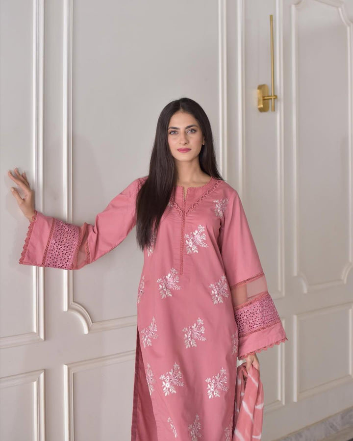 3 Piece - Dhanak Full Heavy Embroidered Suit with Twill Printed Shawl (Unstitched)