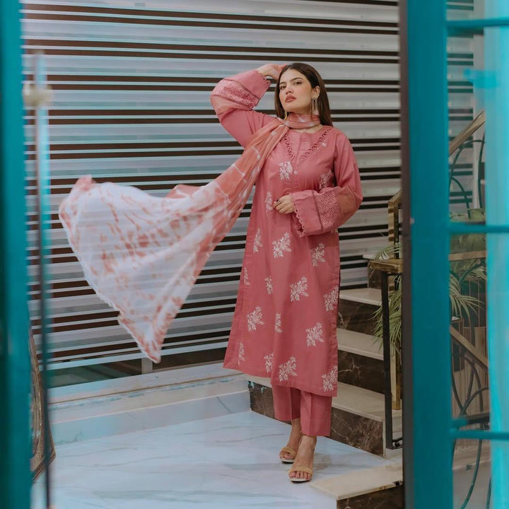 3 Piece - Dhanak Full Heavy Embroidered Suit with Twill Printed Shawl (Unstitched)