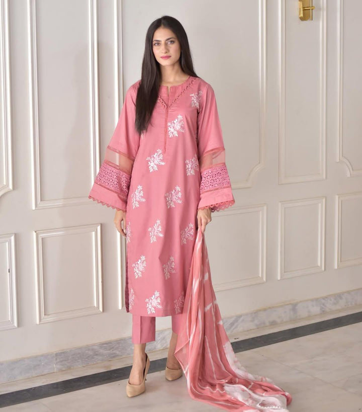 3 Piece - Dhanak Full Heavy Embroidered Suit with Twill Printed Shawl (Unstitched)
