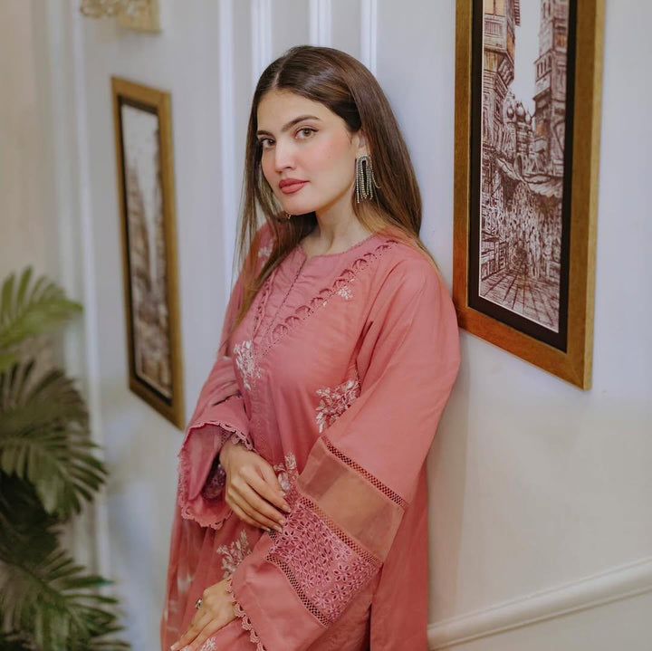 3 Piece - Dhanak Full Heavy Embroidered Suit with Twill Printed Shawl (Unstitched)