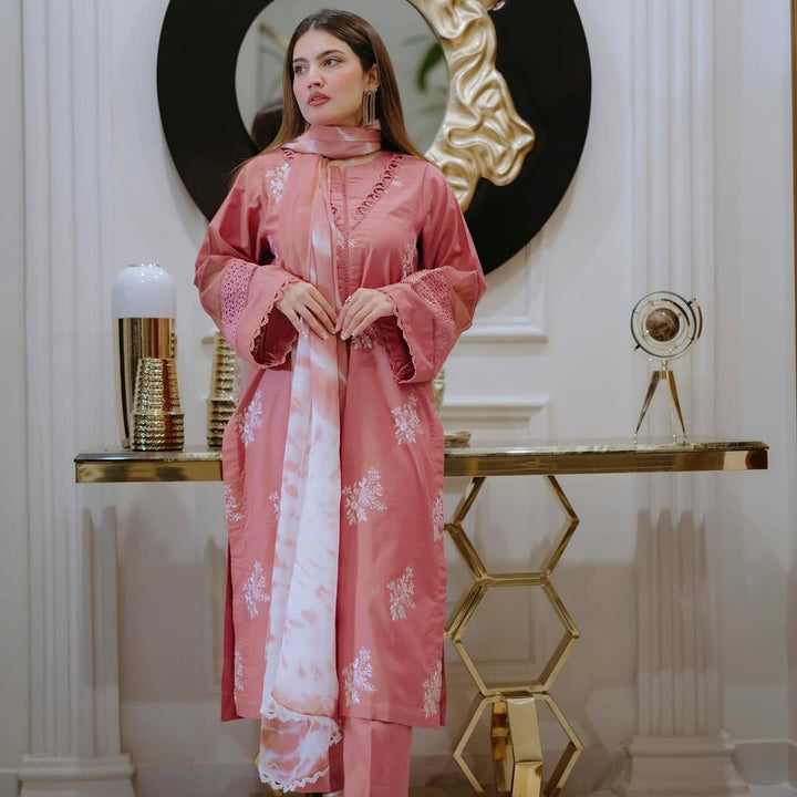 3 Piece - Dhanak Full Heavy Embroidered Suit with Twill Printed Shawl (Unstitched)