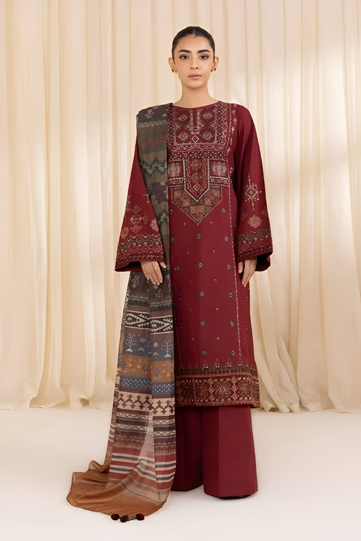 3 Piece - Dhanak Full Heavy Embroidered Suit with Digital Print Wool Shawl Dupatta (Unstitched)