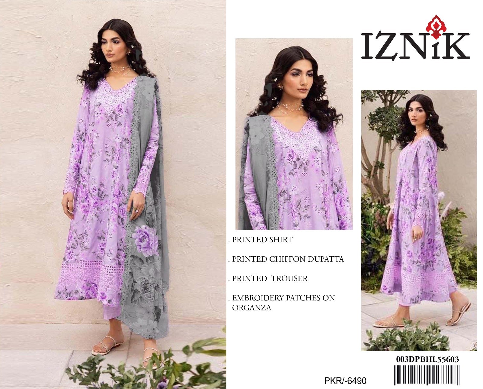 3 Piece - Iznik Printed Lawn Embroidered+ Chikenkari Suit with Printed Chiffon Duppatta (Unstitched)