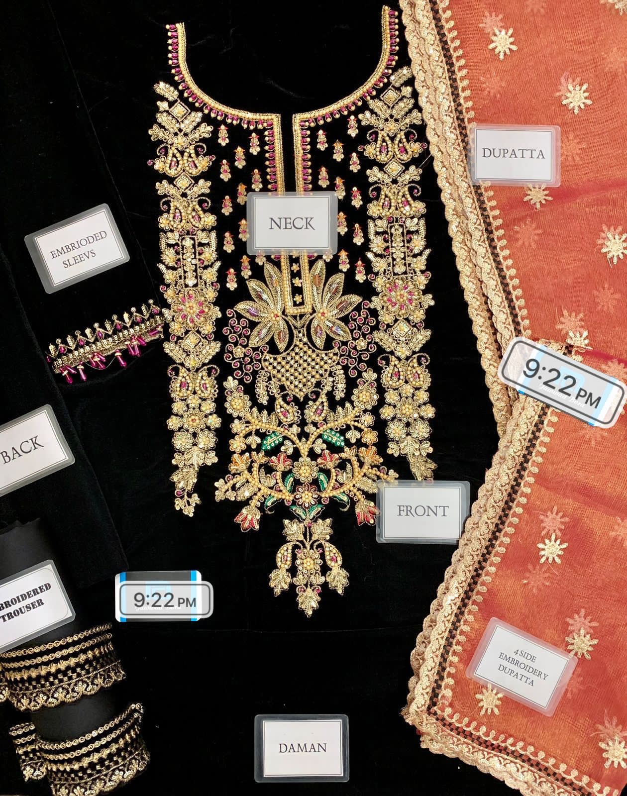 3 Piece - Baroque Velvet Full Heavy Embroidered Suit with Embroidered Organza Duppatta (Unstitched)