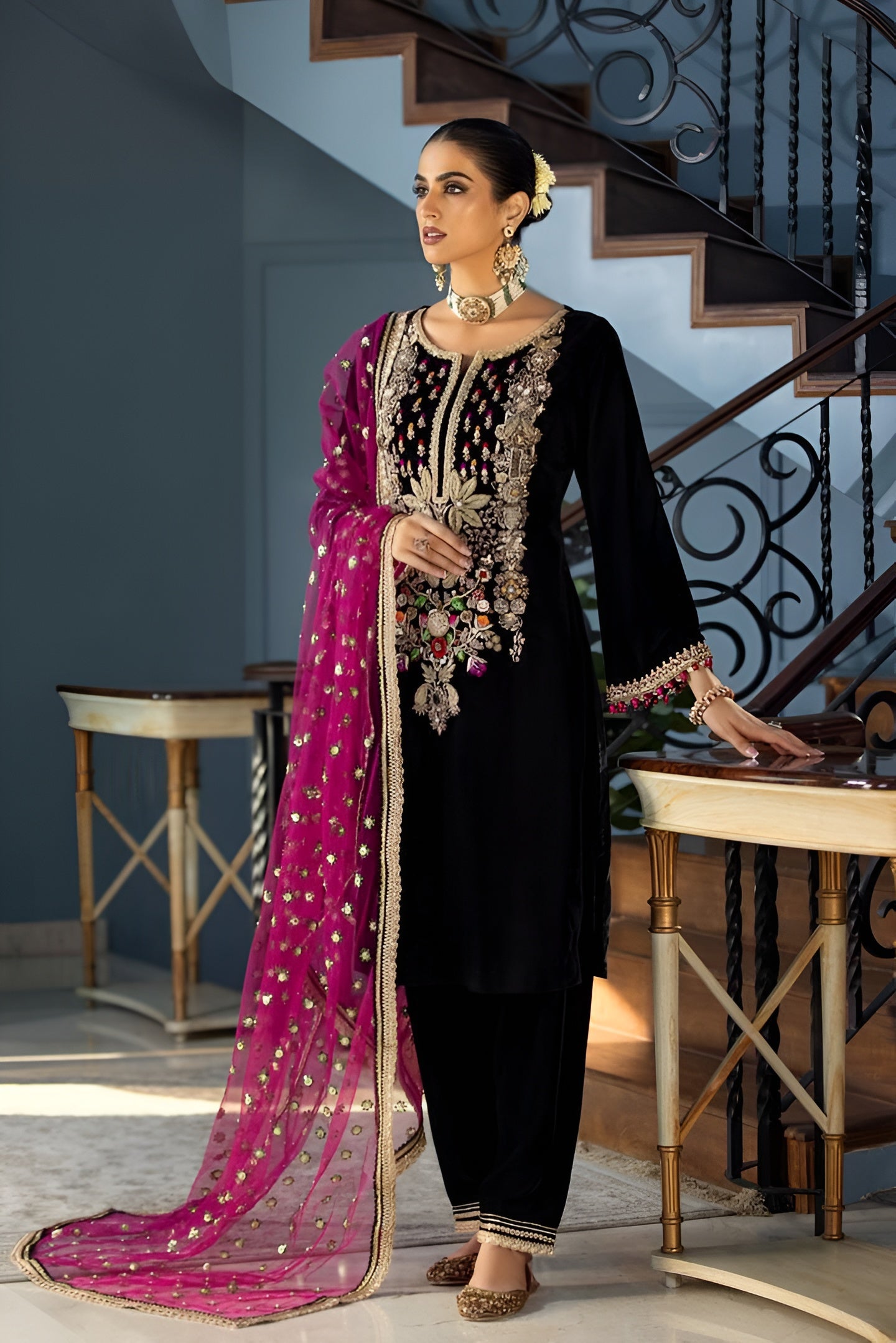 3 Piece - Baroque Velvet Full Heavy Embroidered Suit with Embroidered Organza Duppatta (Unstitched)