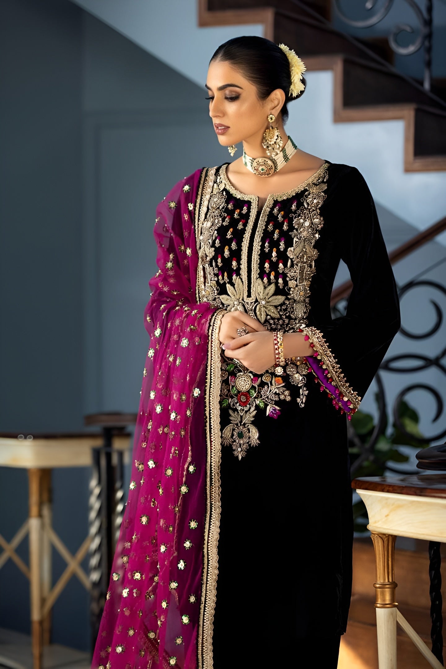 3 Piece - Baroque Velvet Full Heavy Embroidered Suit with Embroidered Organza Duppatta (Unstitched)