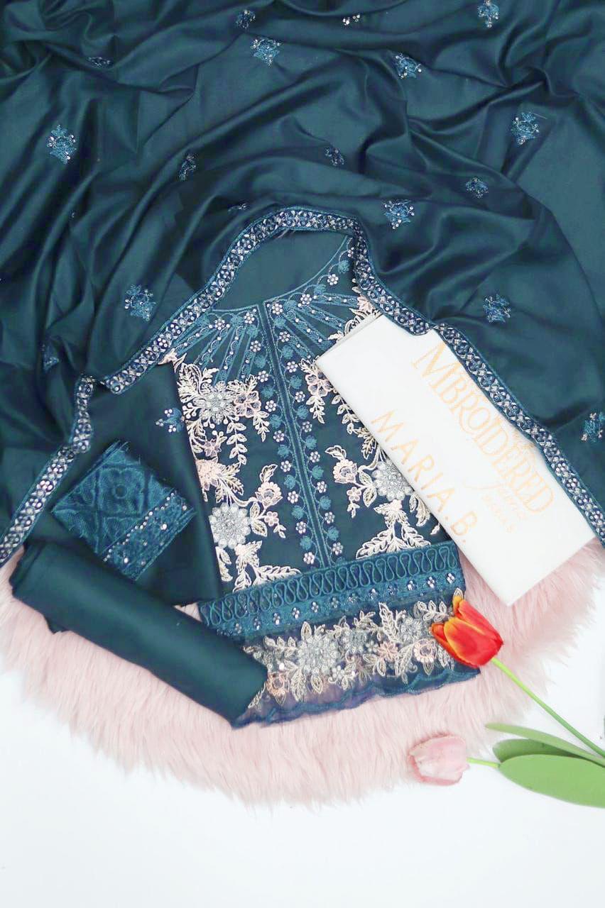 3 Piece - Maria B Dhanak Embroidered Suit with Dhanak Heavy Embroidered Shawl (Unstitched)