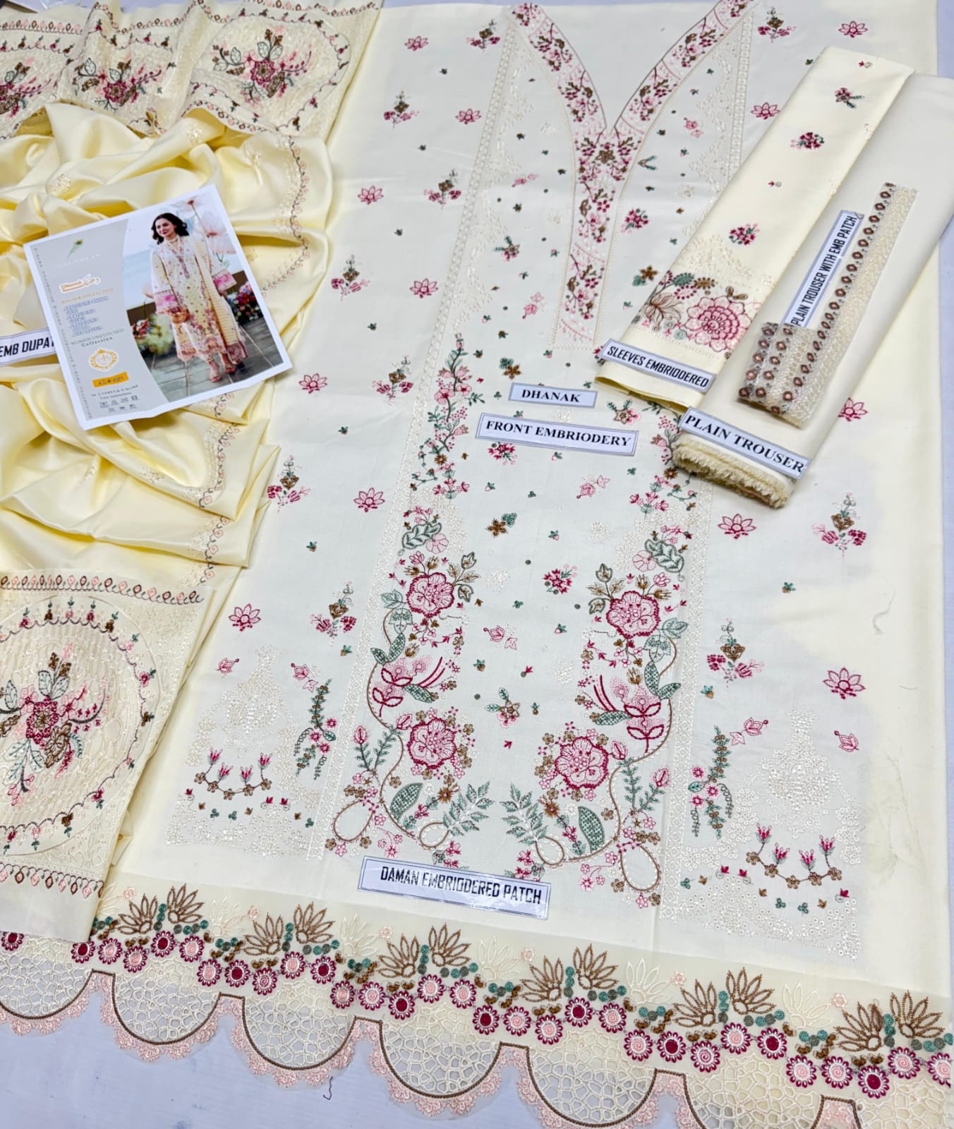 3 Piece - Dhanak Embroidered Suit with Dhanak Heavy Embroidered Shawl (Unstitched)