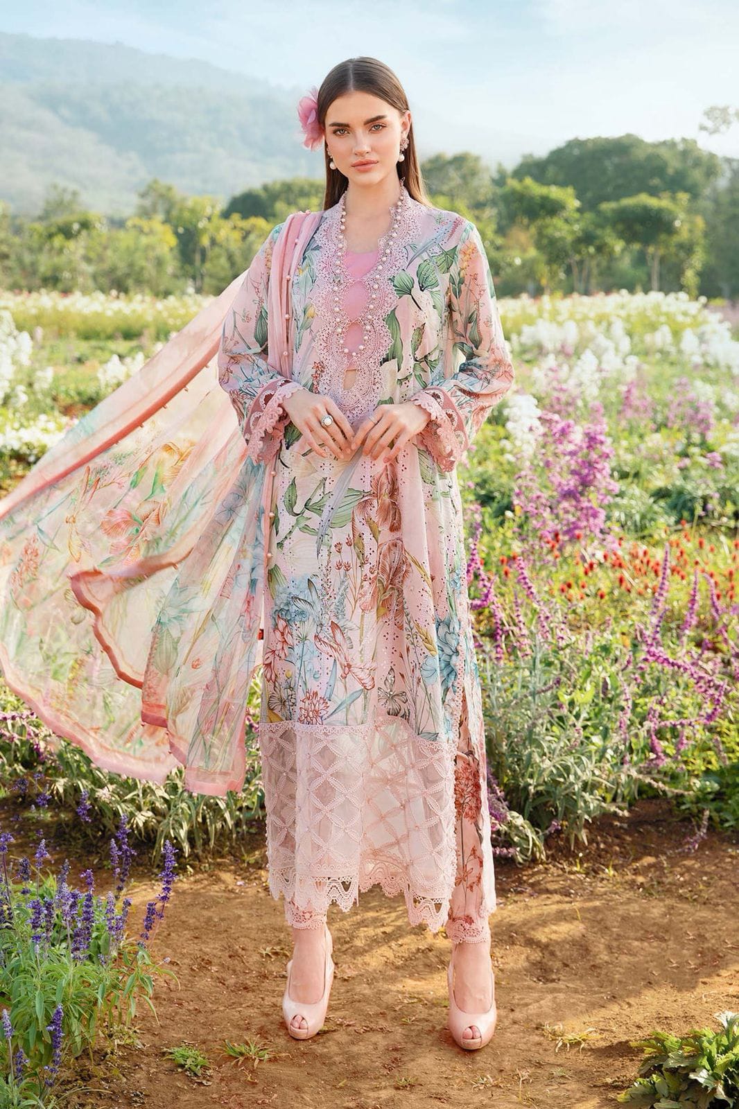 3 Piece - Maria B Linen Embroidered Suit with Digital Printed Linen Embroidered Duppatta (Unstitched)