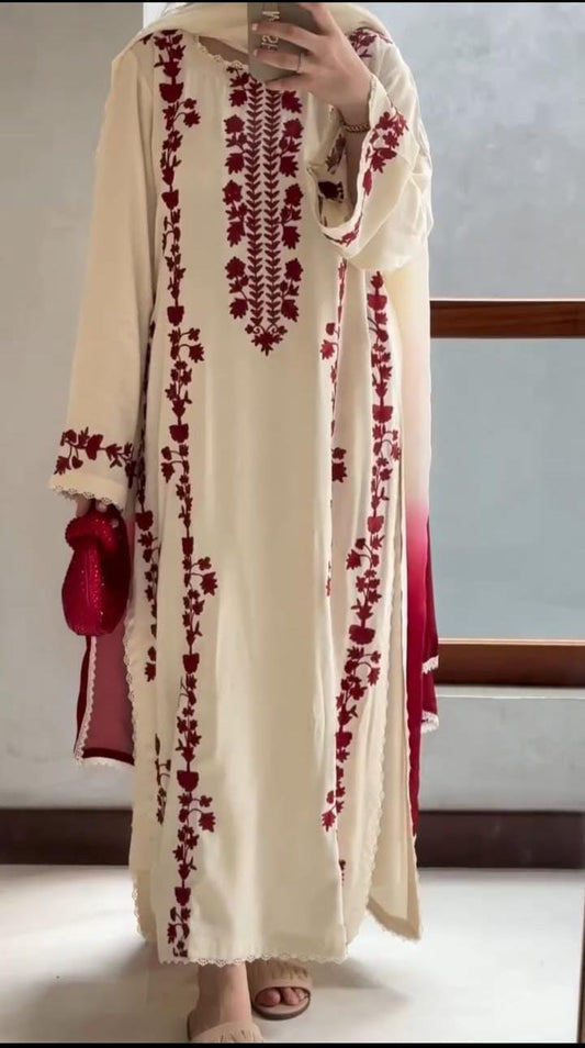 3 Piece - Dhanak Embroidered Suit with Digital Printed Wool Shawl (Unstitched)
