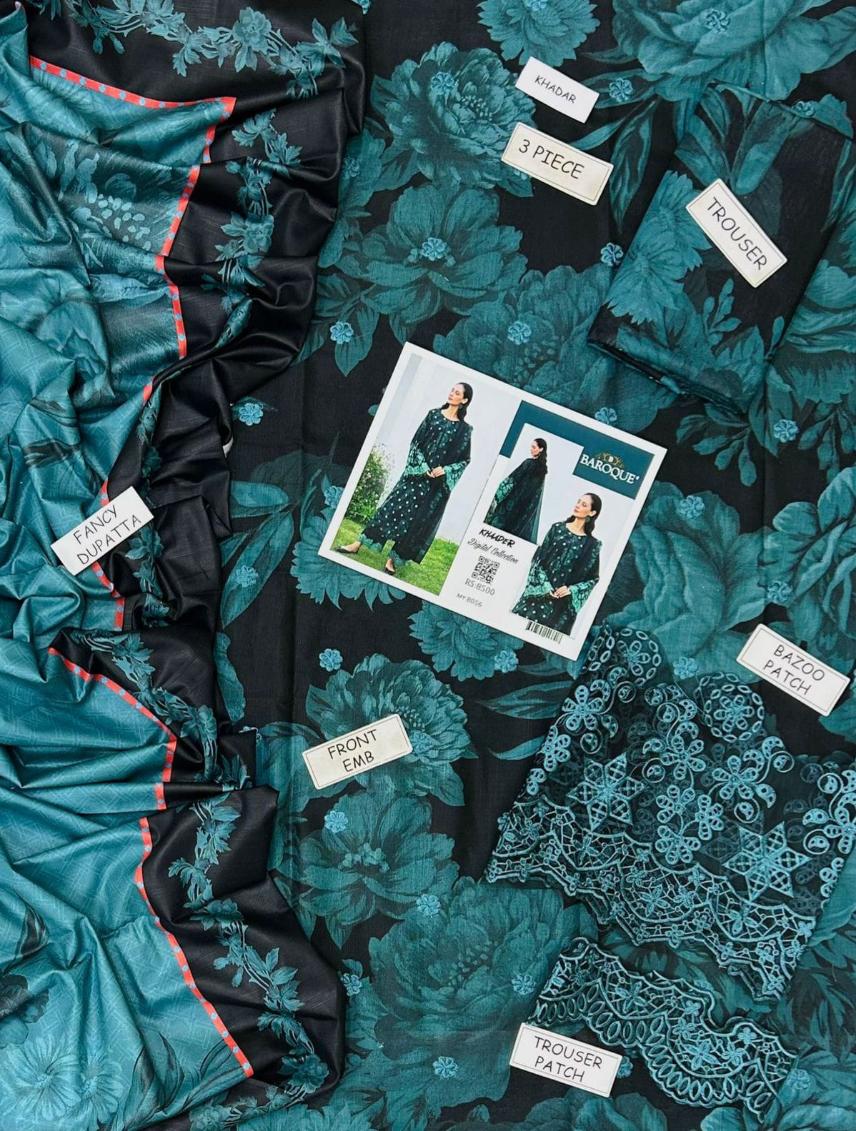 3 Piece - Baroque Khaddar Embroidered Suit with Digital Printed Khaddar Shawl (Unstitched)