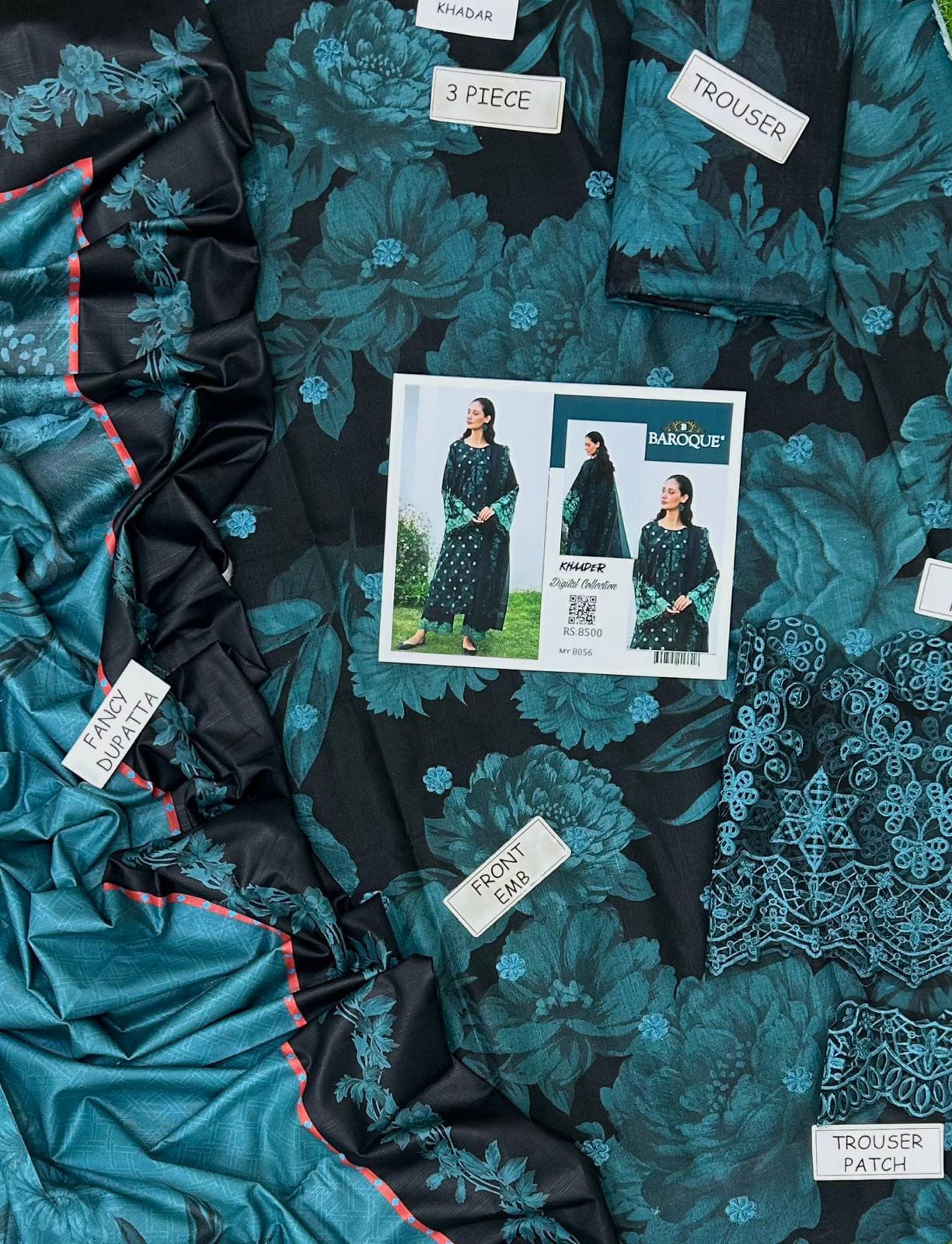 3 Piece - Baroque Khaddar Embroidered Suit with Digital Printed Khaddar Shawl (Unstitched)