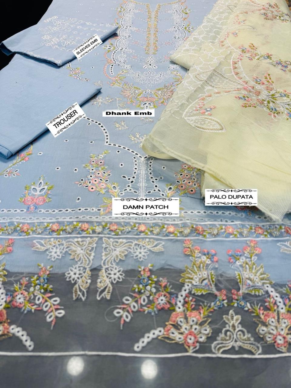 3 Piece - Qalamkar Dhanak Embroidered Suit with Embroidered Khaadi Net Dupatta (Unstitched)