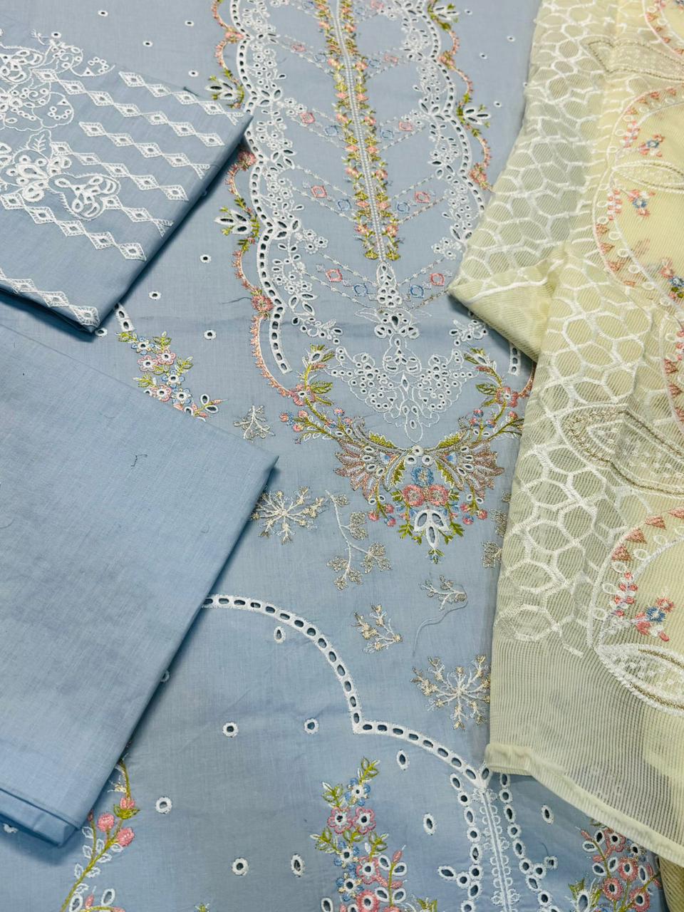3 Piece - Qalamkar Dhanak Embroidered Suit with Embroidered Khaadi Net Dupatta (Unstitched)