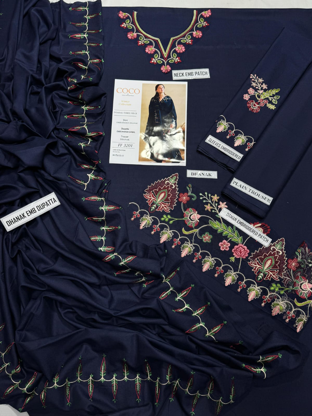 3 Piece - Dhanak Embroidered Suit with Embroidered Dhanak Dupatta (Unstitched)