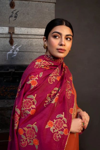 3 Piece - Dhanak Heavy Embroidered Suit with Digital Printed Pashmina Shawl (Unstitched)