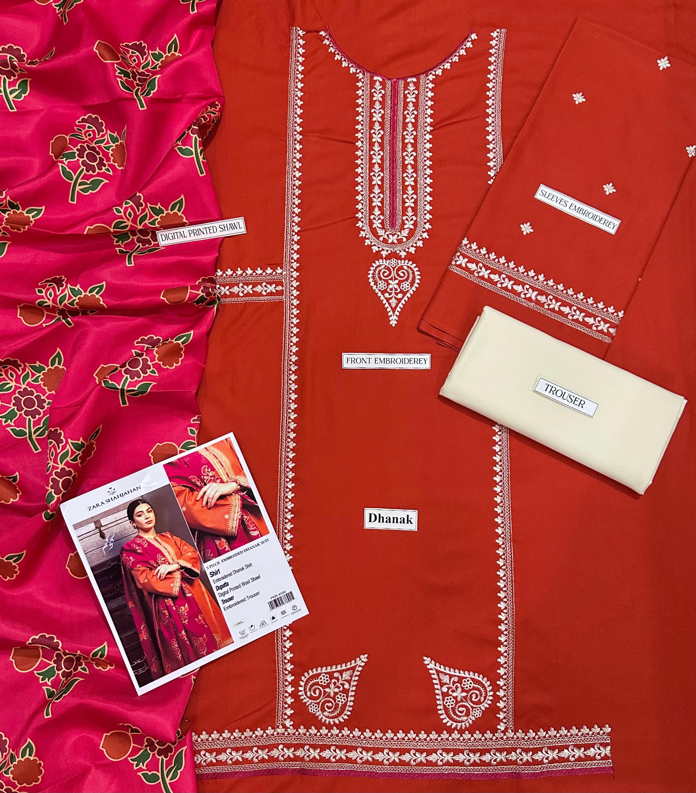 3 Piece - Dhanak Heavy Embroidered Suit with Digital Printed Pashmina Shawl (Unstitched)