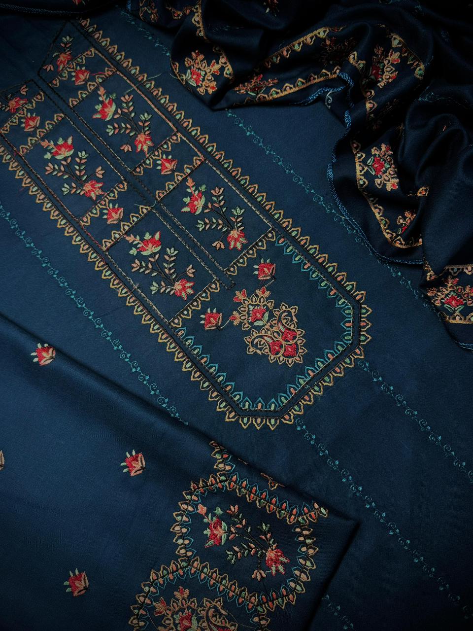 3 Piece - Dhanak Embroidered Suit with Dhanak  Embroidered Shawl (Unstitched)