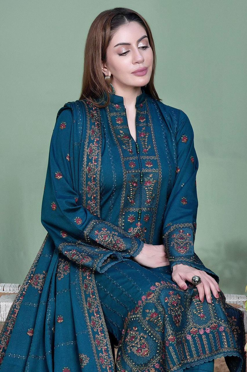 3 Piece - Dhanak Embroidered Suit with Dhanak  Embroidered Shawl (Unstitched)