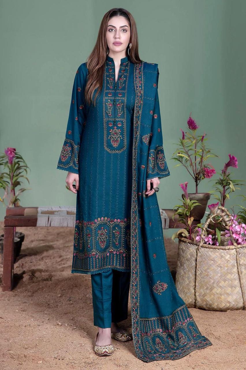 3 Piece - Dhanak Embroidered Suit with Dhanak  Embroidered Shawl (Unstitched)