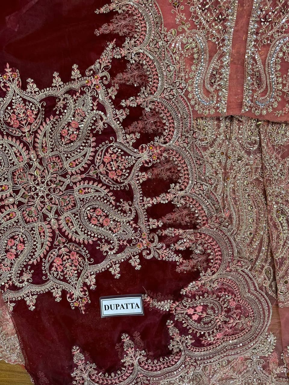 3 Piece - Maria B Net Full Heavy Embroidered Suit with Heavy Embroidered Net Dupatta with Chiffon Border (Unstitched)