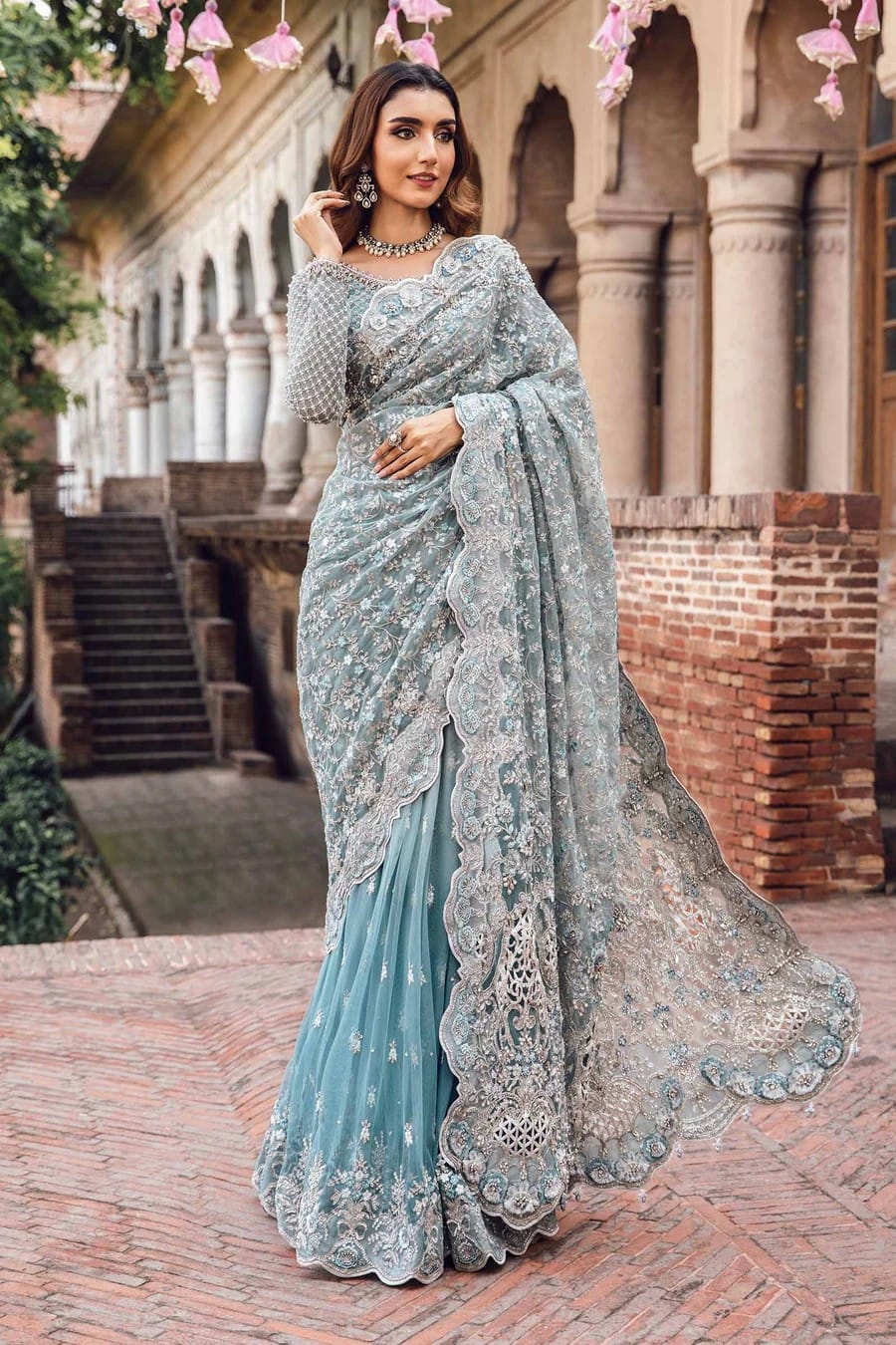 Saree - Maria B Net Full Heavy Embroidered Saree with Heavy Embroidered Sleeves and Palo (Unstitched)