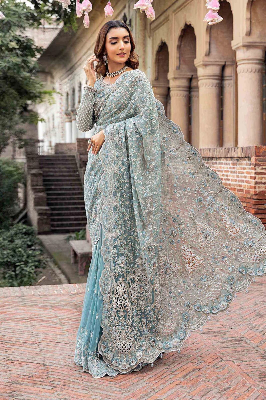 Saree - Maria B Net Full Heavy Embroidered Saree with Heavy Embroidered Sleeves and Palo (Unstitched)