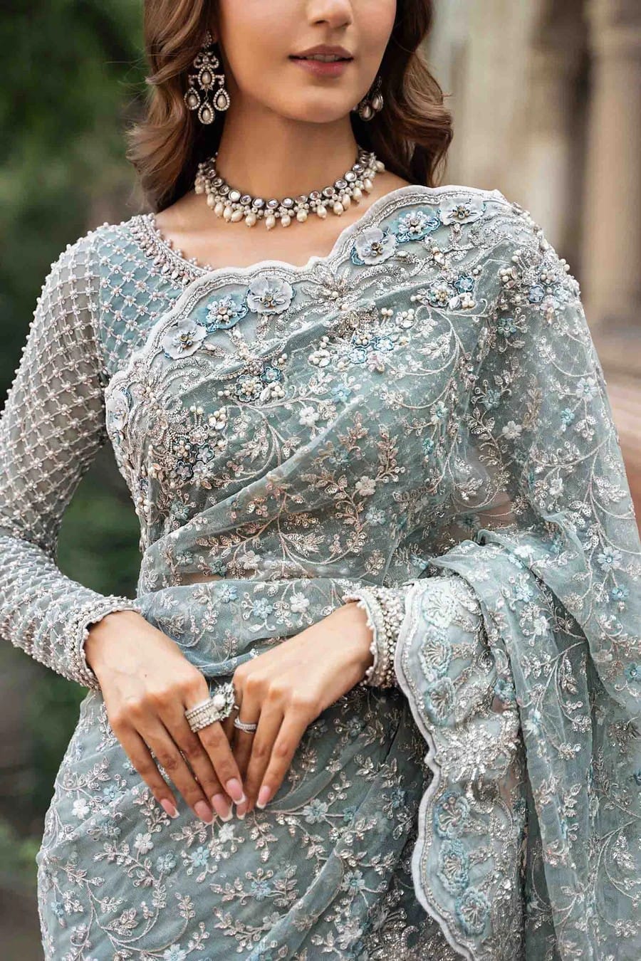 Saree - Maria B Net Full Heavy Embroidered Saree with Heavy Embroidered Sleeves and Palo (Unstitched)