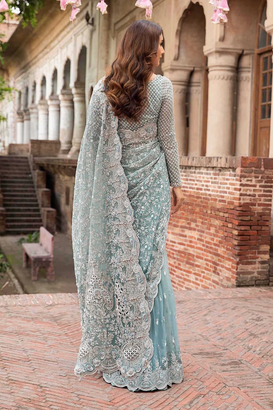 Saree - Maria B Net Full Heavy Embroidered Saree with Heavy Embroidered Sleeves and Palo (Unstitched)