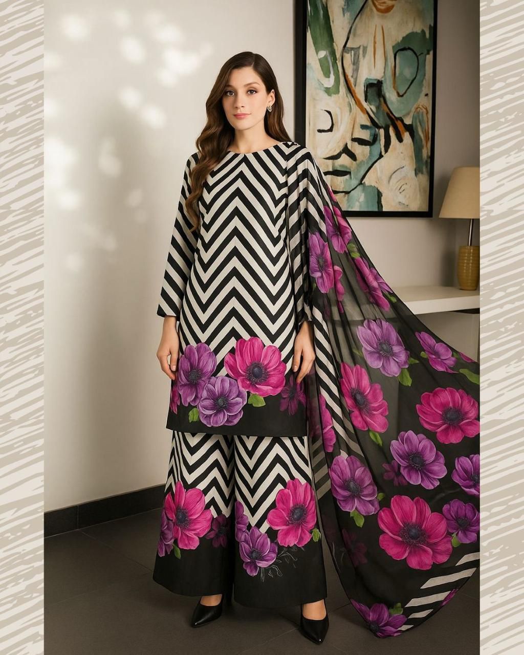 3 Piece - Shamooz Silk Suit with Digital Printed Silk Dupatta (Unstitched)