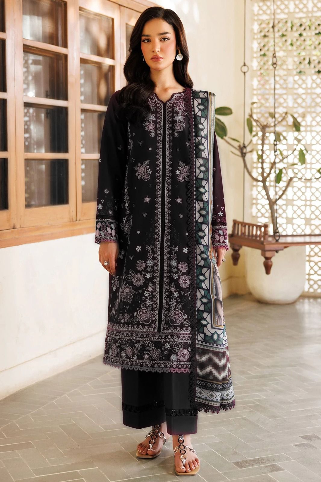3 Piece - Maria B Dhanak Full Heavy Embroidered Suit with Digital Printed Wool Shawl (Unstitched)