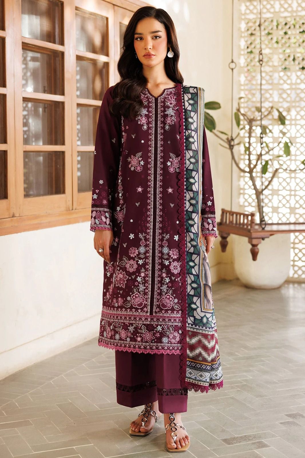 3 Piece - Maria B Dhanak Full Heavy Embroidered Suit with Digital Printed Wool Shawl (Unstitched)