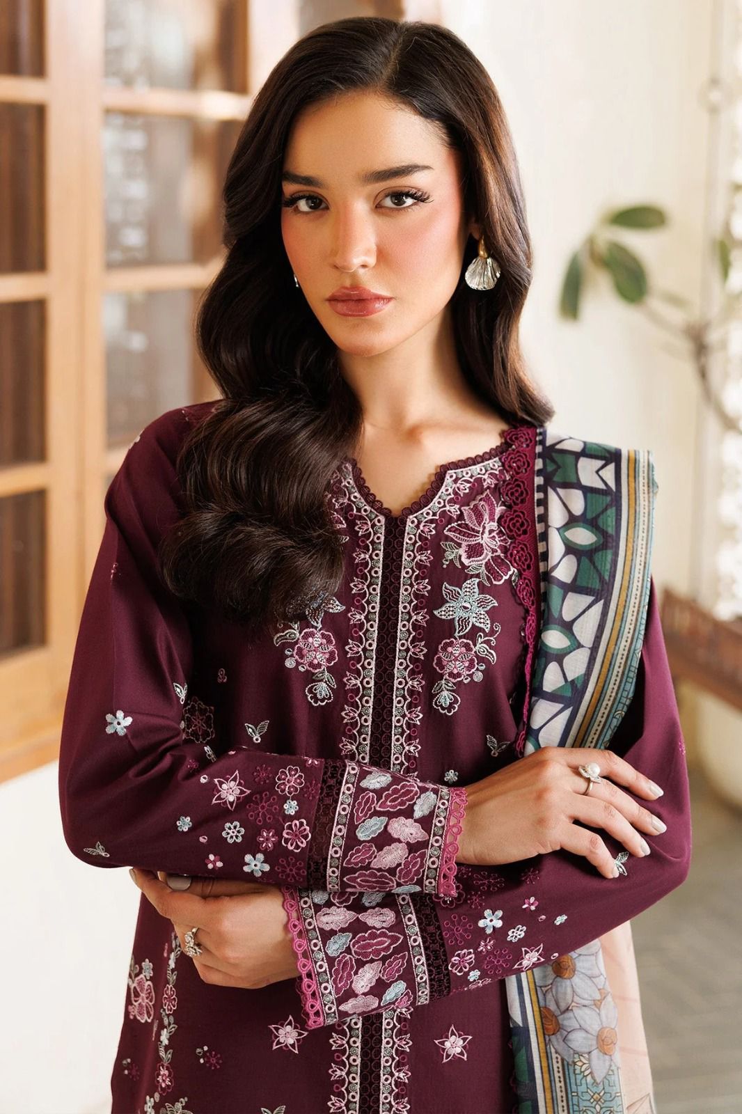 3 Piece - Maria B Dhanak Full Heavy Embroidered Suit with Digital Printed Wool Shawl (Unstitched)