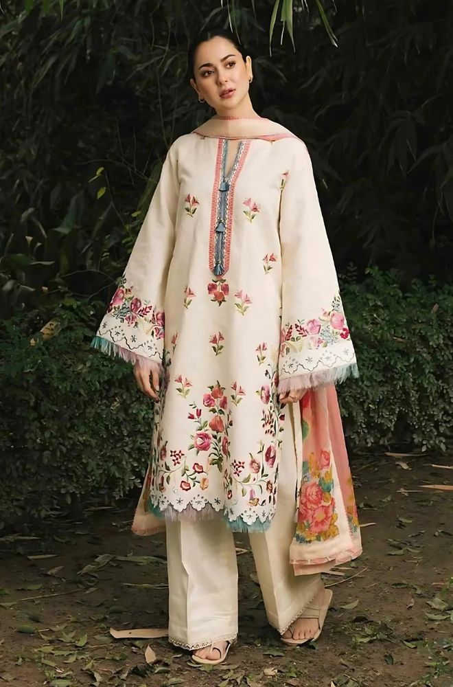 3 Piece - Zara Shahjahan Linen Embroidered Suit with Digital Print Zari Wool Shawl (Unstitched)