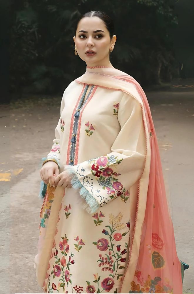 3 Piece - Zara Shahjahan Linen Embroidered Suit with Digital Print Zari Wool Shawl (Unstitched)