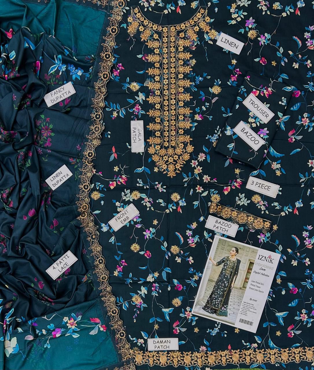 3 Piece - Iznik Linen Embroidered Suit with Embroidered Digital Printed Dupatta (Unstitched)