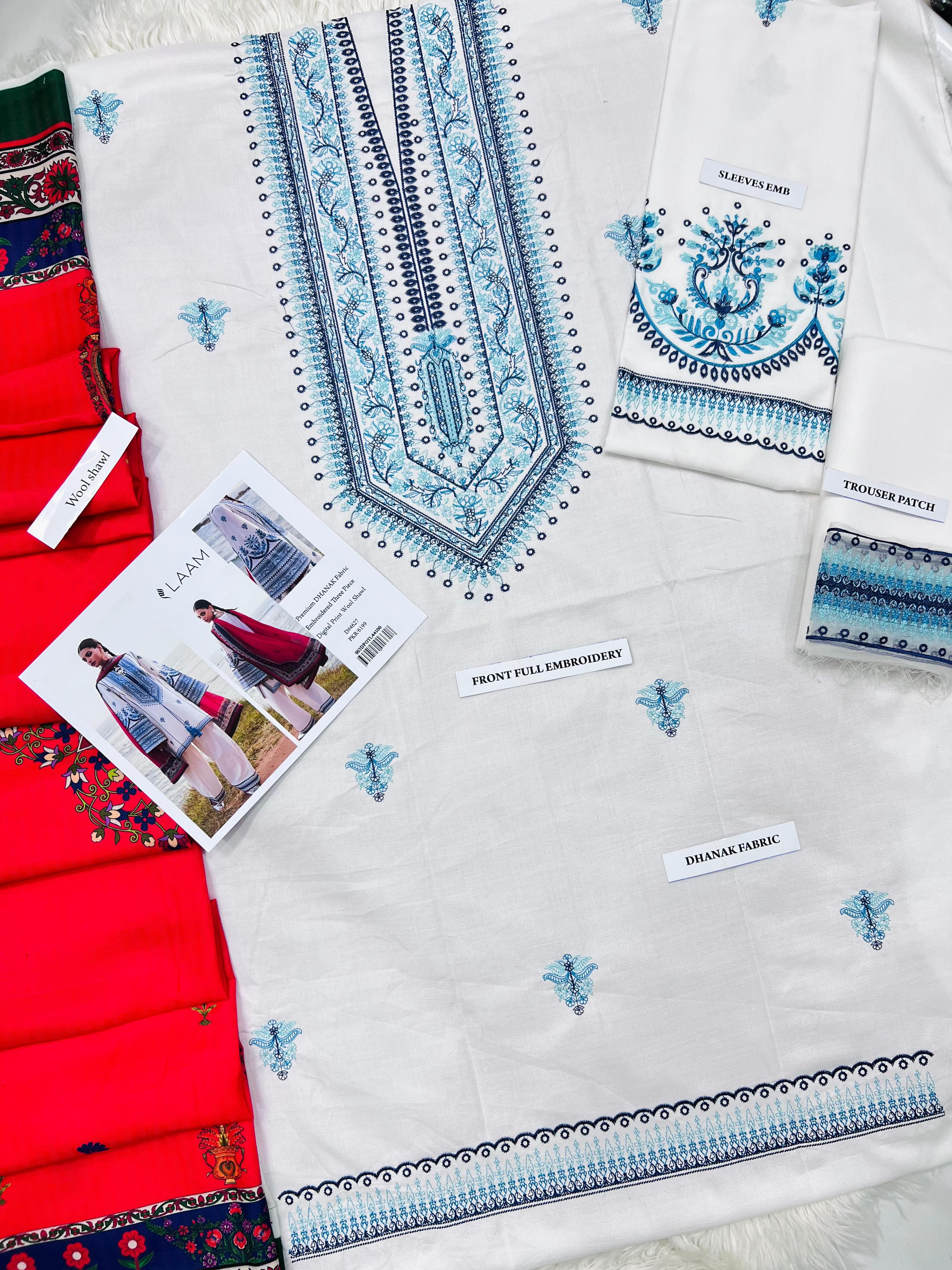 3 Piece - Dhanak Full Heavy Embroidered Suit with Digital Printed Wool Shawl (Unstitched)