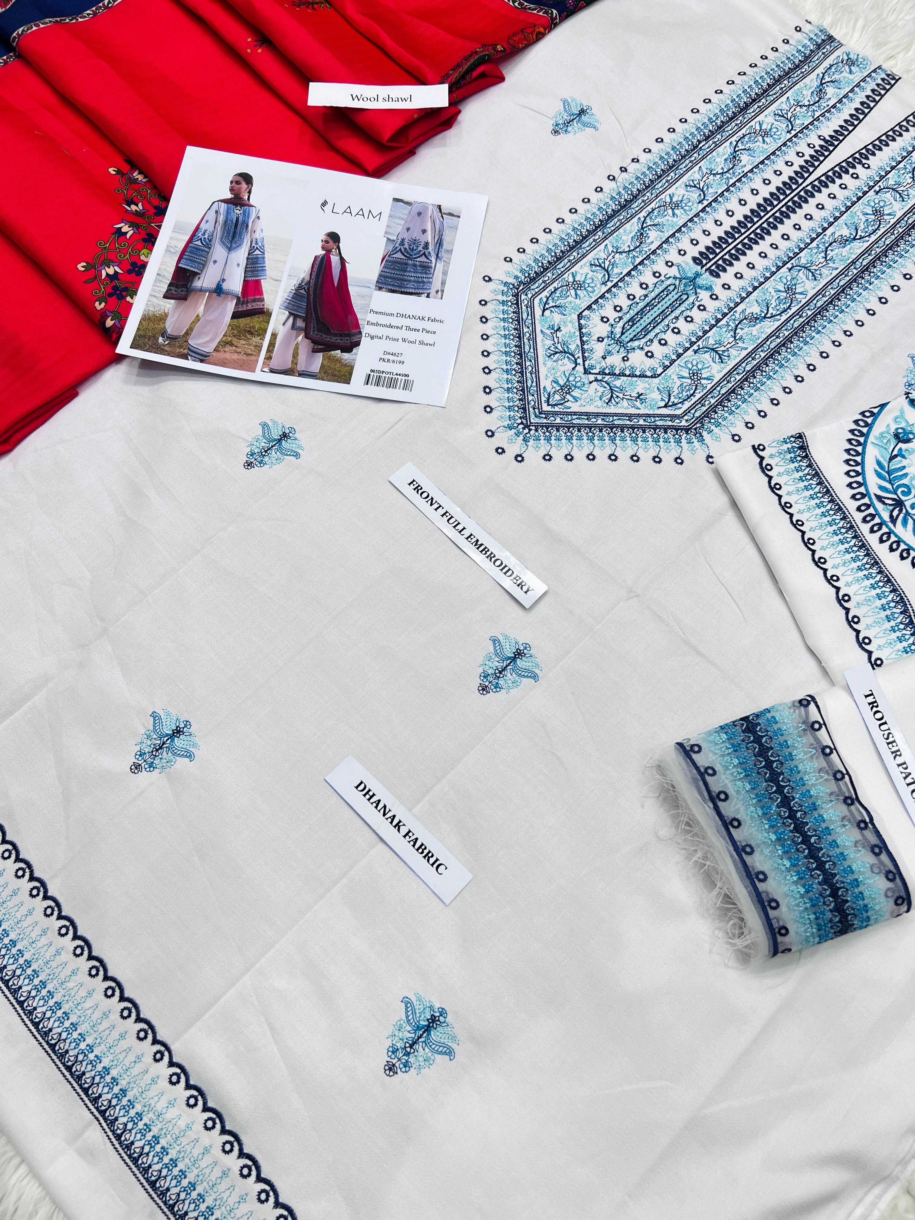3 Piece - Dhanak Full Heavy Embroidered Suit with Digital Printed Wool Shawl (Unstitched)