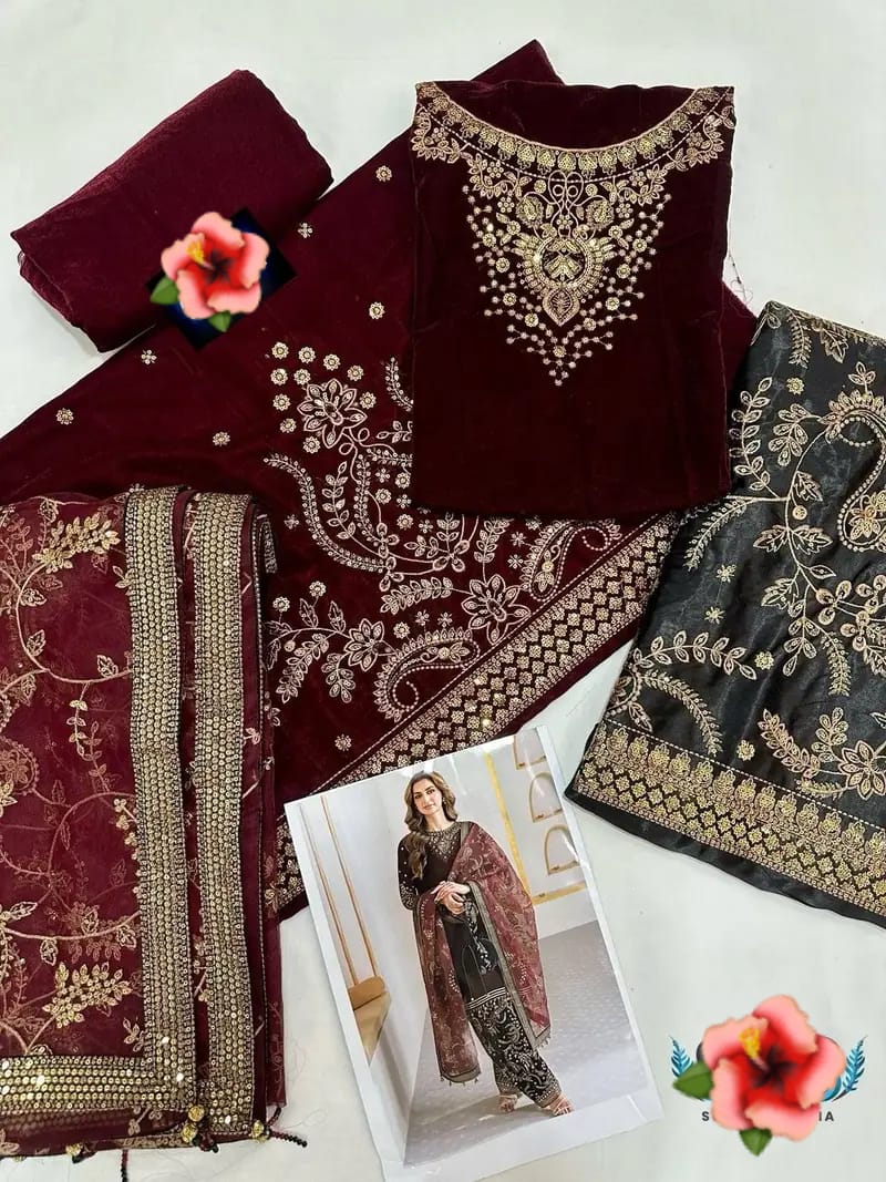 3 Piece - Organza Full Heavy Embroidered Suit with Heavy Embroidered Organza Dupatta with Chiffon Border (Unstitched)