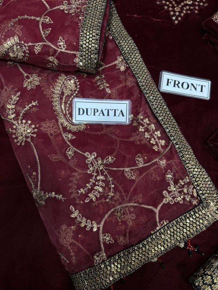 3 Piece - Organza Full Heavy Embroidered Suit with Heavy Embroidered Organza Dupatta with Chiffon Border (Unstitched)