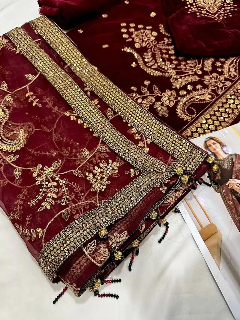 3 Piece - Organza Full Heavy Embroidered Suit with Heavy Embroidered Organza Dupatta with Chiffon Border (Unstitched)