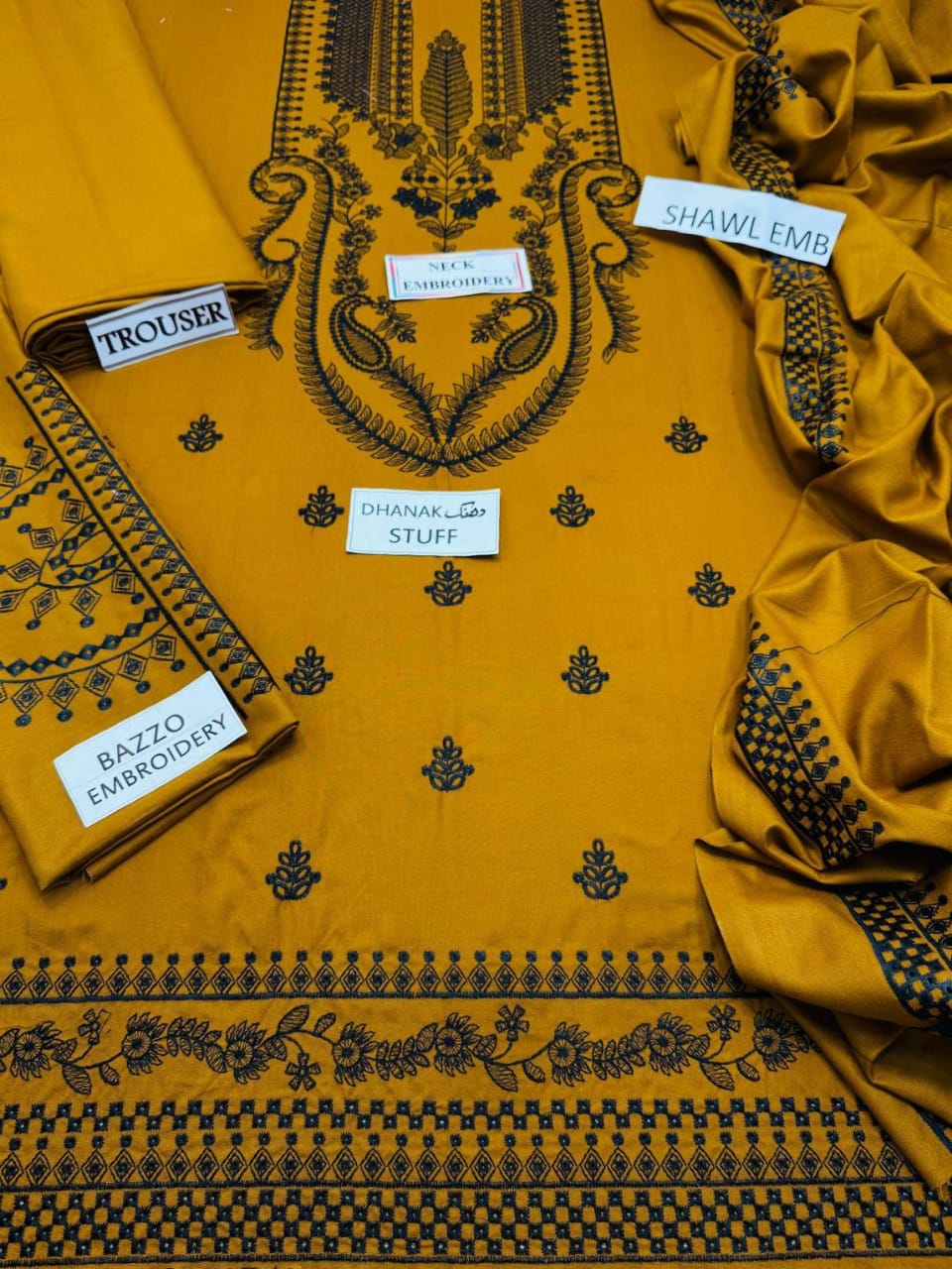 3 Piece - Dhanak Full Heavy Embroidered Suit with Dhanak Shawl  (Unstitched)