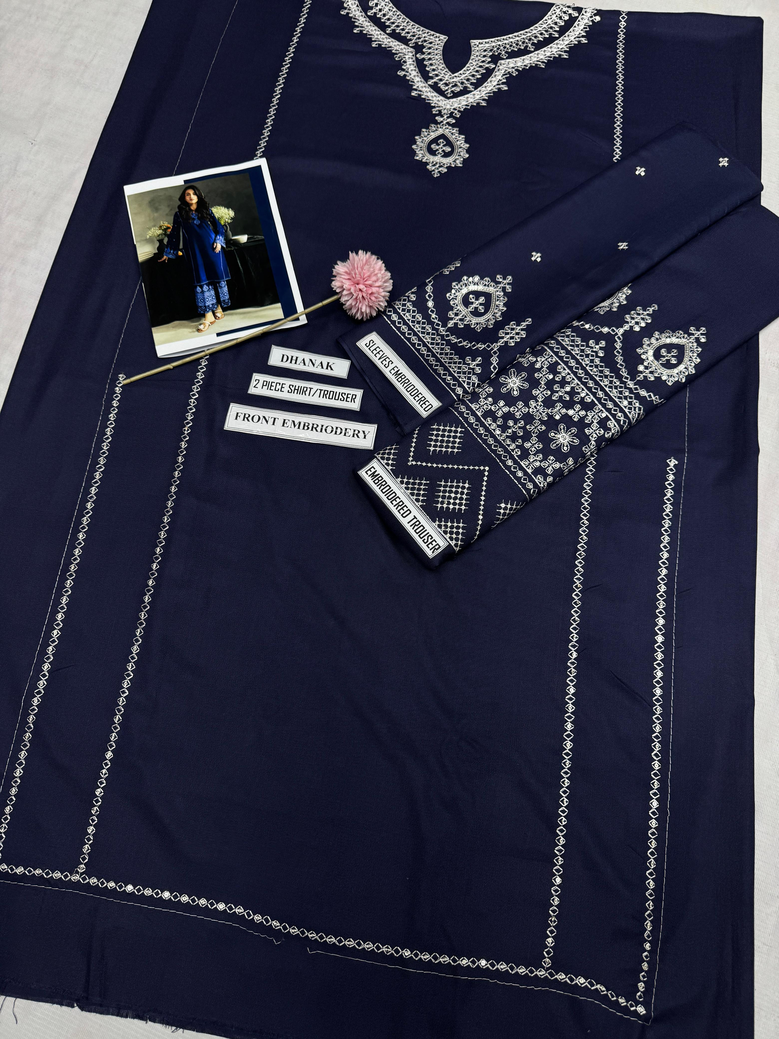 3 Piece - Laam Dhanak Full Heavy Embroidered Suit with Dhanak Embroidered Shawl (Unstitched)