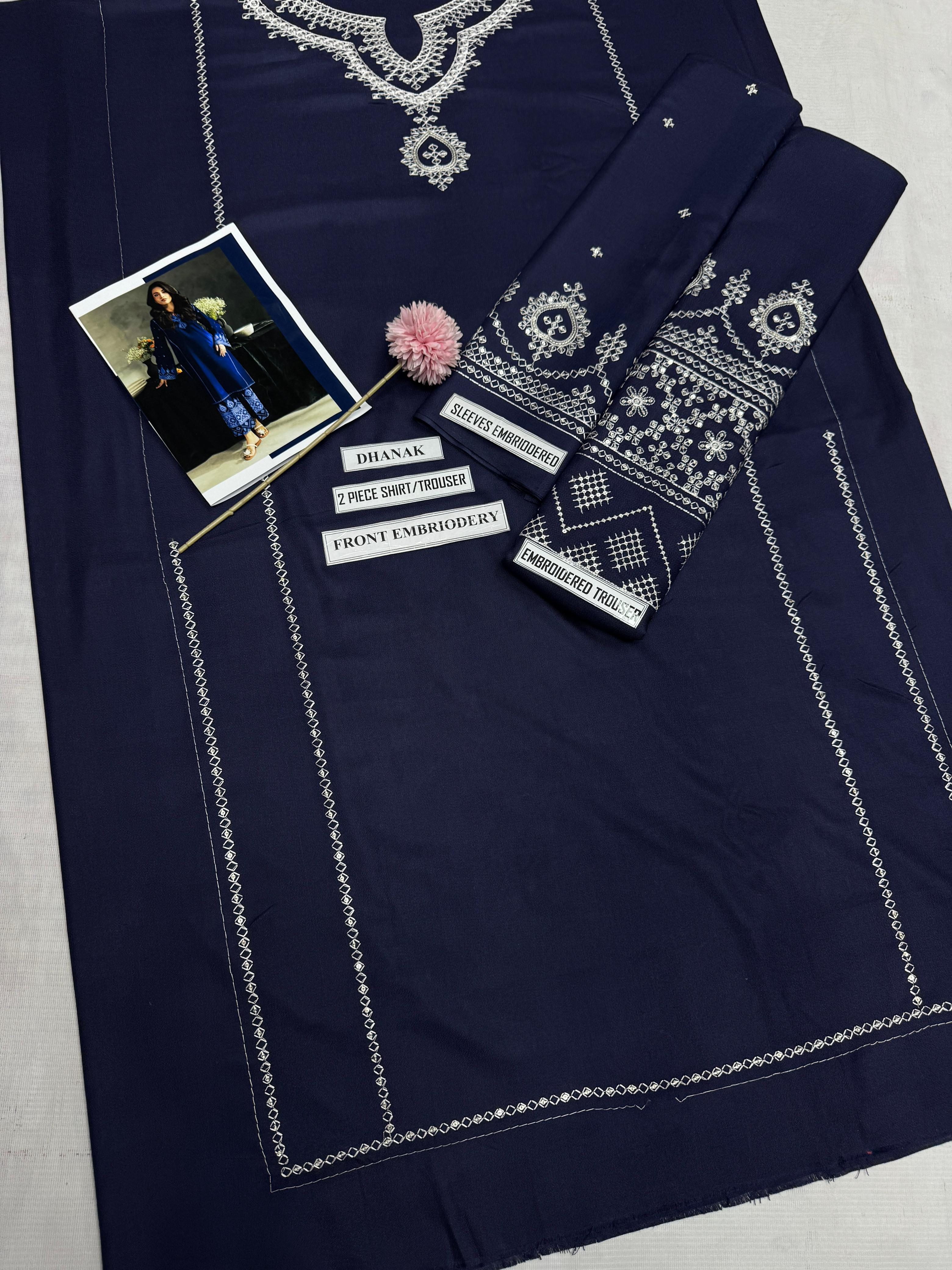 3 Piece - Laam Dhanak Full Heavy Embroidered Suit with Dhanak Embroidered Shawl (Unstitched)