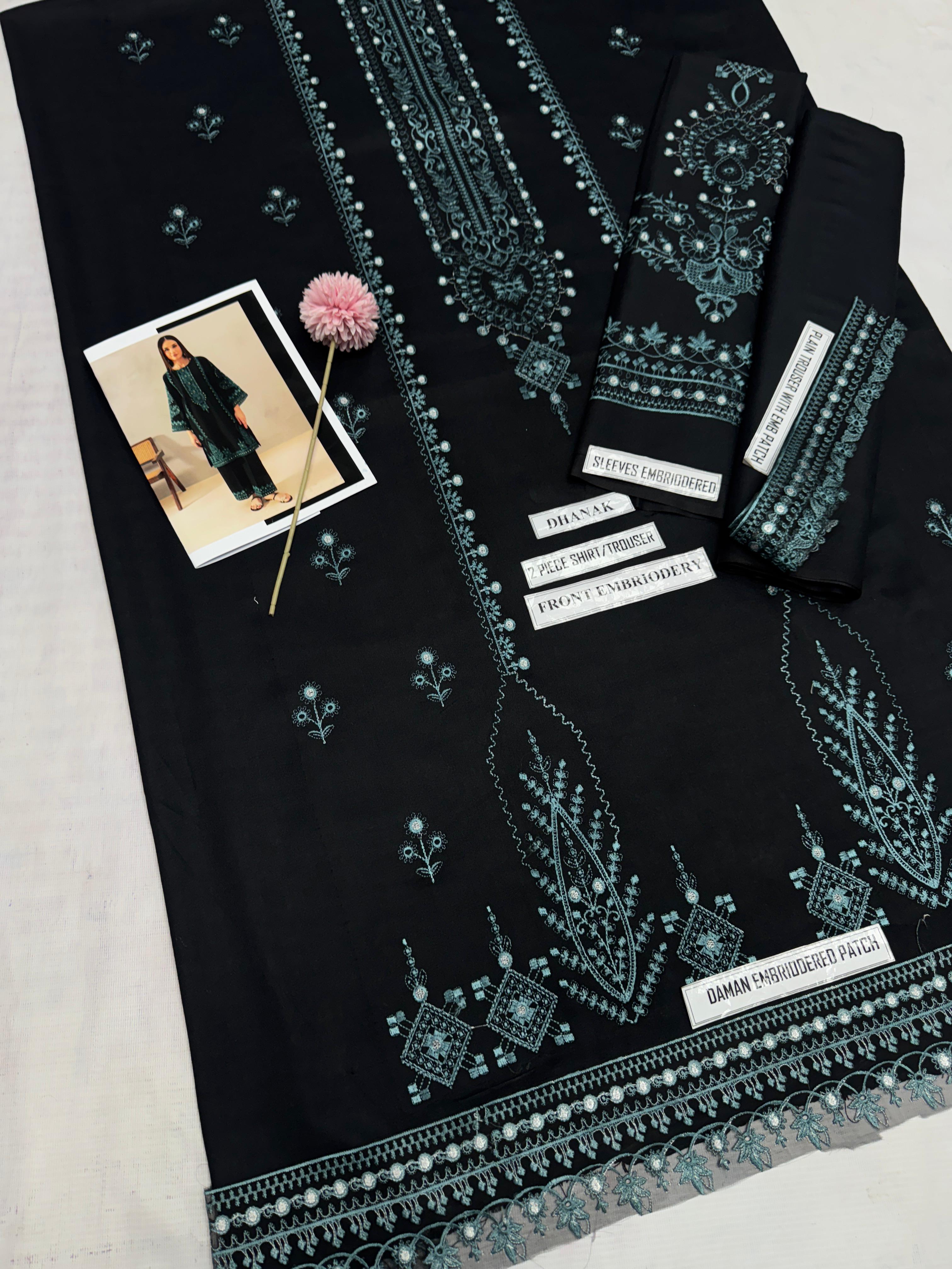 3 Piece - Dhanak Full Heavy Embroidered Suit with Dhanak Embroidered Shawl (Unstitched)