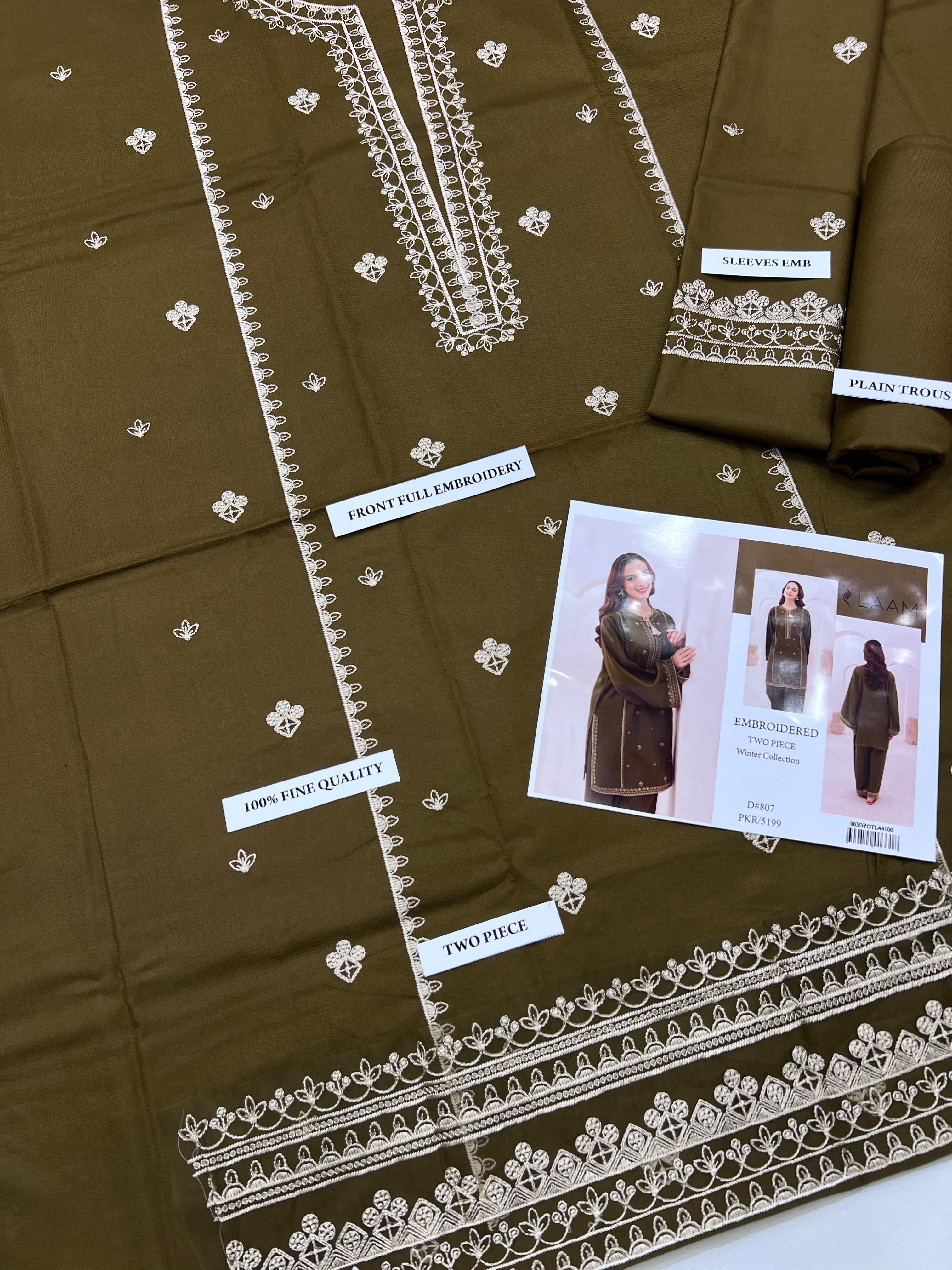 3 Piece - Laam Dhanak Full Heavy Embroidered Suit with Dhanak Embroidered Shawl (Unstitched)