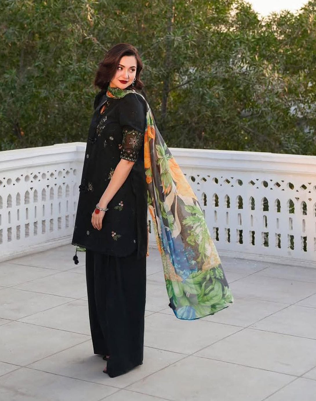 3 Piece - Dhanak Embroidered Suit with Digital Printed Pashmina Shawl (Unstitched)